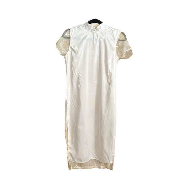 YUFEI Traditional Chinese Cheongsam Dress Pale Yellow Organza MIDI Embroidered M - Picture 11 of 15